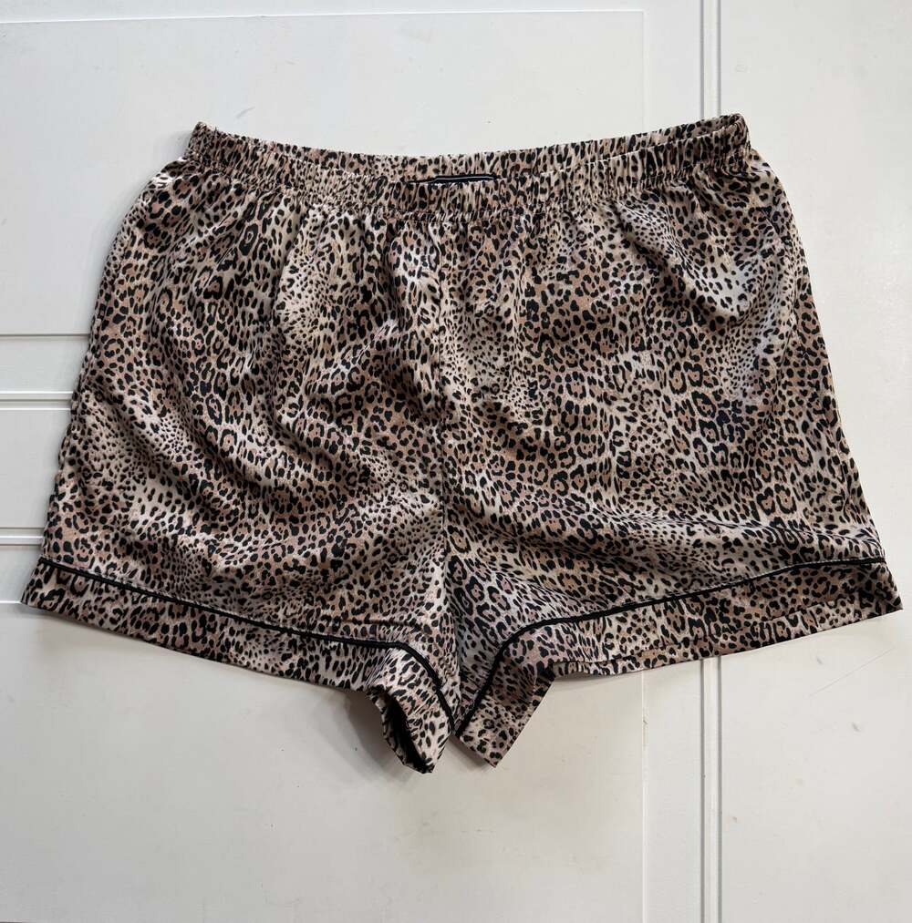 BCBG Maxazria Womens Sz M Leopard Print Satin Feel Loungewear Pajama Shorts